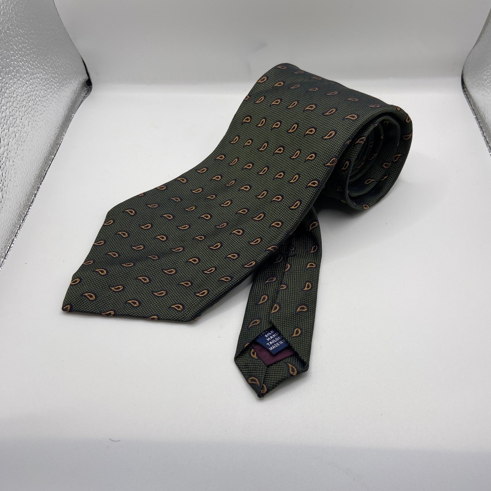 Paul Fredrick Designer Necktie Men Green Paisley Silk Tailored Business Office